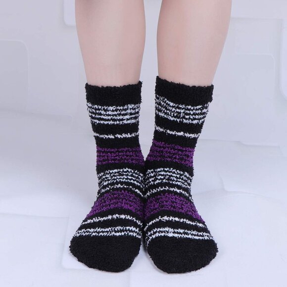 Plush Slipper Socks Women Colorful Warm Fuzzy Crew Socks Cozy Soft Purple Black - Picture 5 of 7